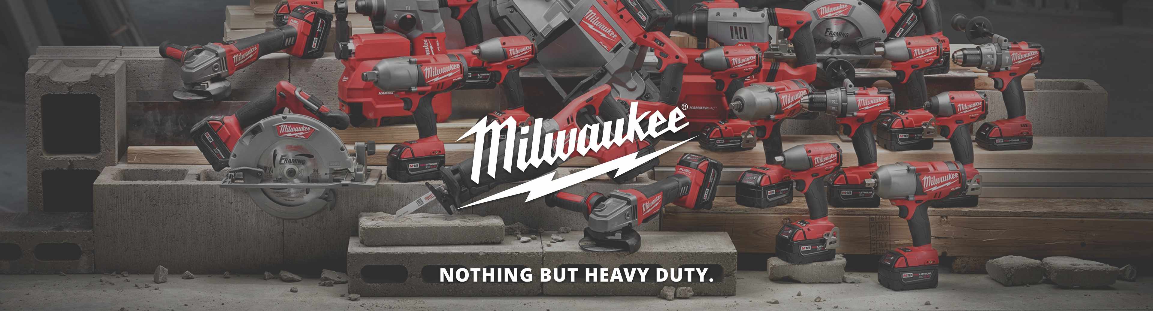 Milwaukee Power Tools with logo with tagline Nothing But Heavy Duty